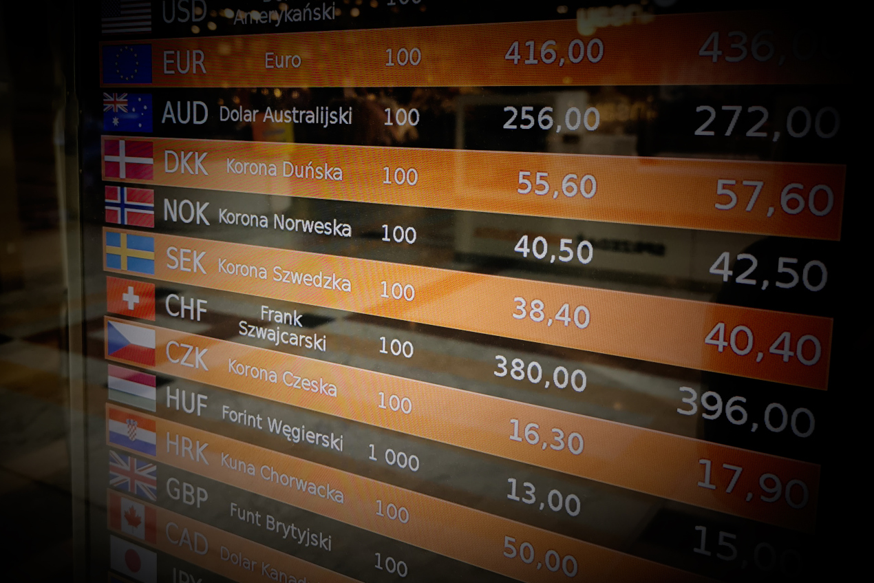 Tablica wyświetla ceny walut w kantorze